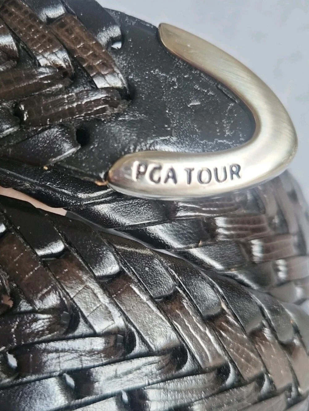PGA Tour Braided Leather Belt Mens 38 Black Woven Stainless Steel Dress Work